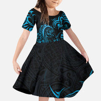 Blue Aotearoa Horse Racing Family Matching Off Shoulder Maxi Dress and Hawaiian Shirt NZ Maori Pattern LT14 Daughter's Dress Blue - Polynesian Pride