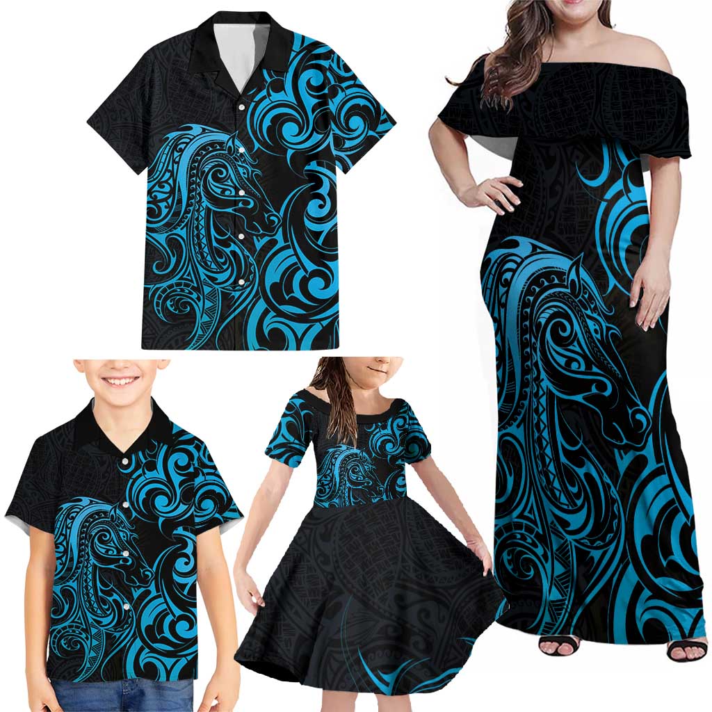 Blue Aotearoa Horse Racing Family Matching Off Shoulder Maxi Dress and Hawaiian Shirt NZ Maori Pattern LT14 - Polynesian Pride