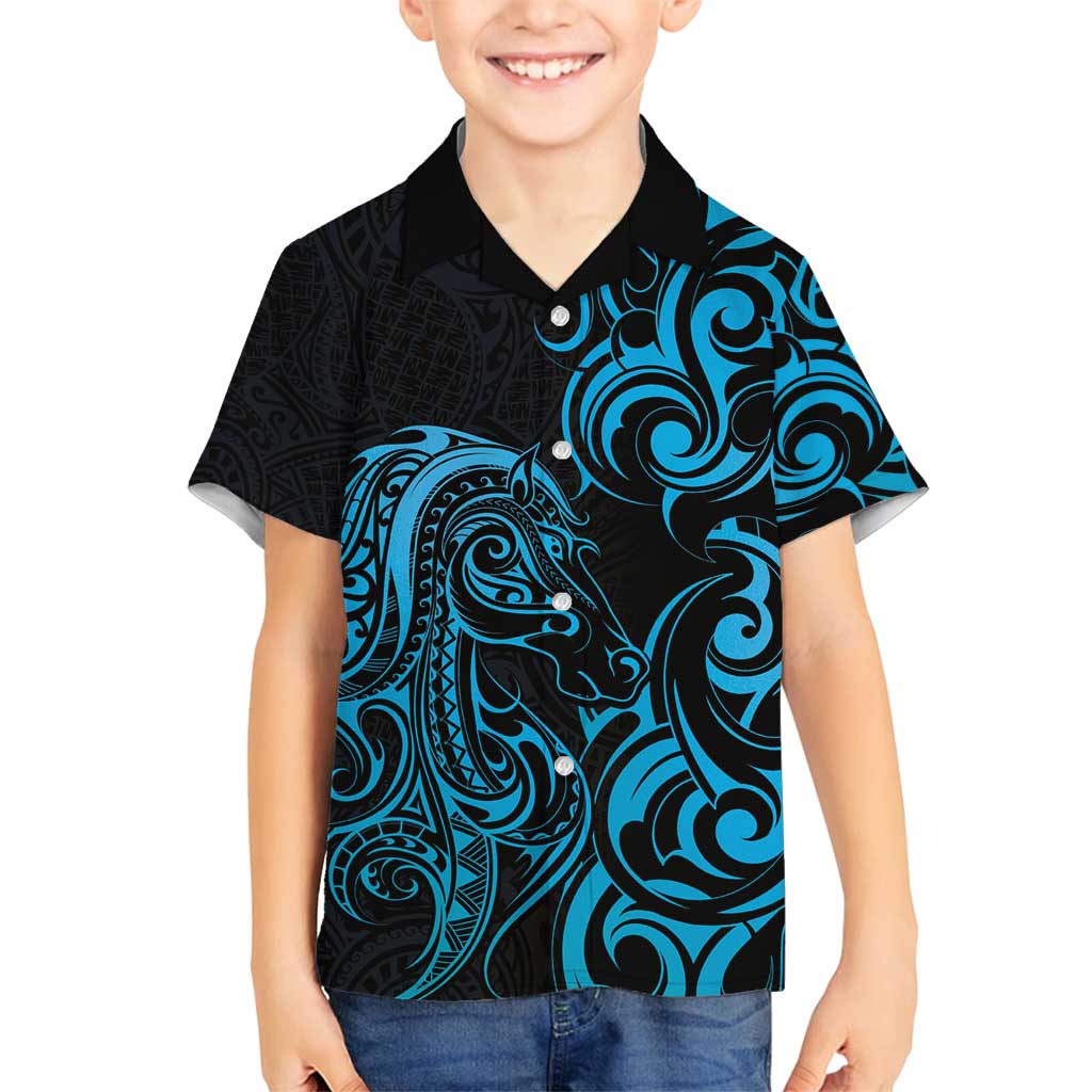 Blue Aotearoa Horse Racing Family Matching Off Shoulder Maxi Dress and Hawaiian Shirt NZ Maori Pattern LT14 Son's Shirt Blue - Polynesian Pride