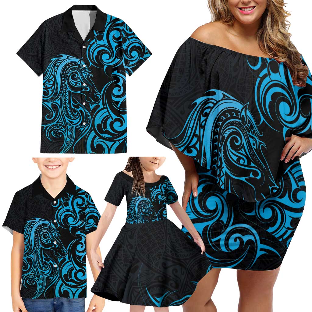 Blue Aotearoa Horse Racing Family Matching Off Shoulder Short Dress and Hawaiian Shirt NZ Maori Pattern LT14 - Polynesian Pride
