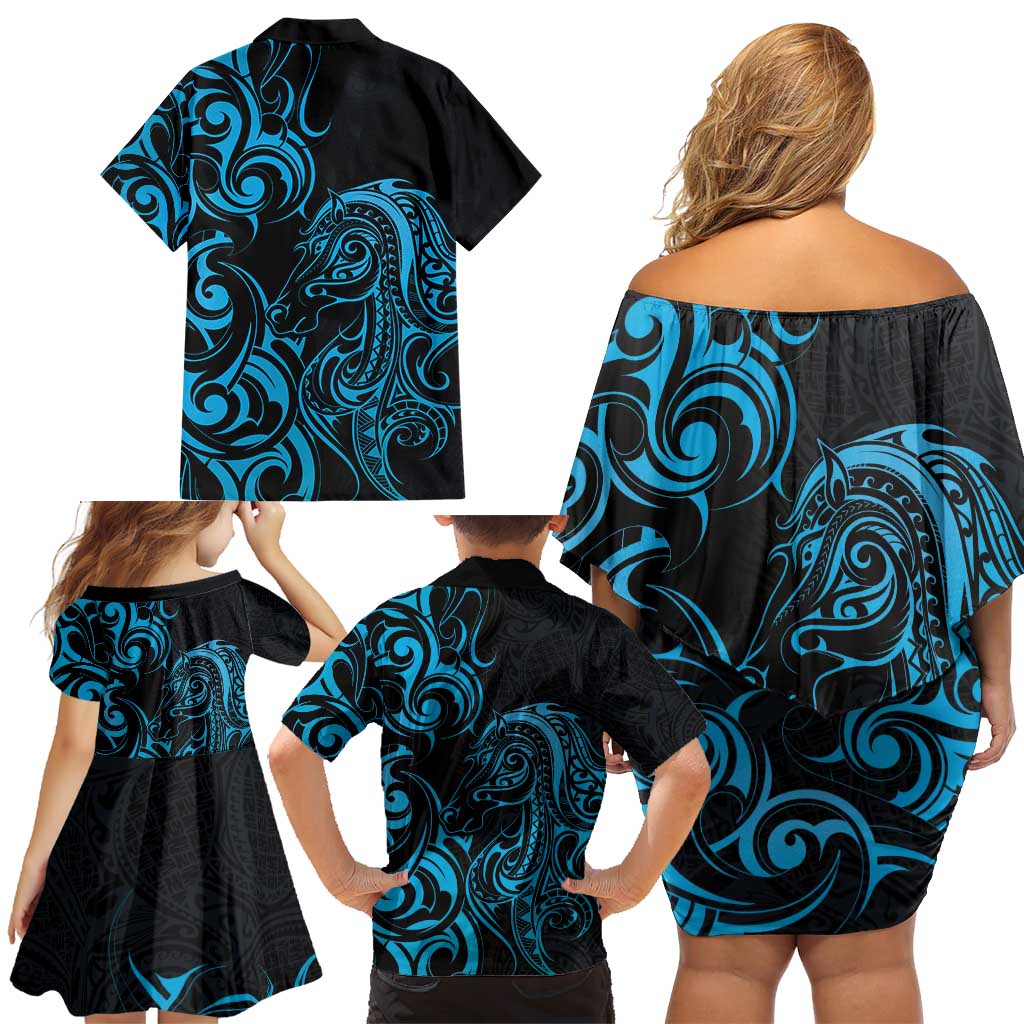 Blue Aotearoa Horse Racing Family Matching Off Shoulder Short Dress and Hawaiian Shirt NZ Maori Pattern LT14 - Polynesian Pride