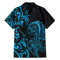 Blue Aotearoa Horse Racing Family Matching Off Shoulder Short Dress and Hawaiian Shirt NZ Maori Pattern LT14 - Polynesian Pride