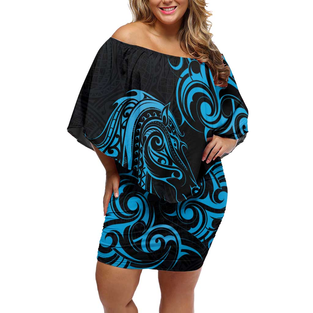Blue Aotearoa Horse Racing Family Matching Off Shoulder Short Dress and Hawaiian Shirt NZ Maori Pattern LT14 Mom's Dress Blue - Polynesian Pride