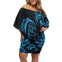 Blue Aotearoa Horse Racing Family Matching Off Shoulder Short Dress and Hawaiian Shirt NZ Maori Pattern LT14 Mom's Dress Blue - Polynesian Pride