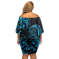 Blue Aotearoa Horse Racing Family Matching Off Shoulder Short Dress and Hawaiian Shirt NZ Maori Pattern LT14 - Polynesian Pride