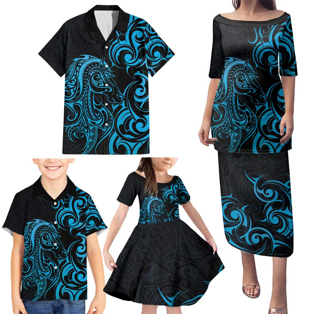 Blue Aotearoa Horse Racing Family Matching Puletasi and Hawaiian Shirt NZ Maori Pattern LT14 - Polynesian Pride