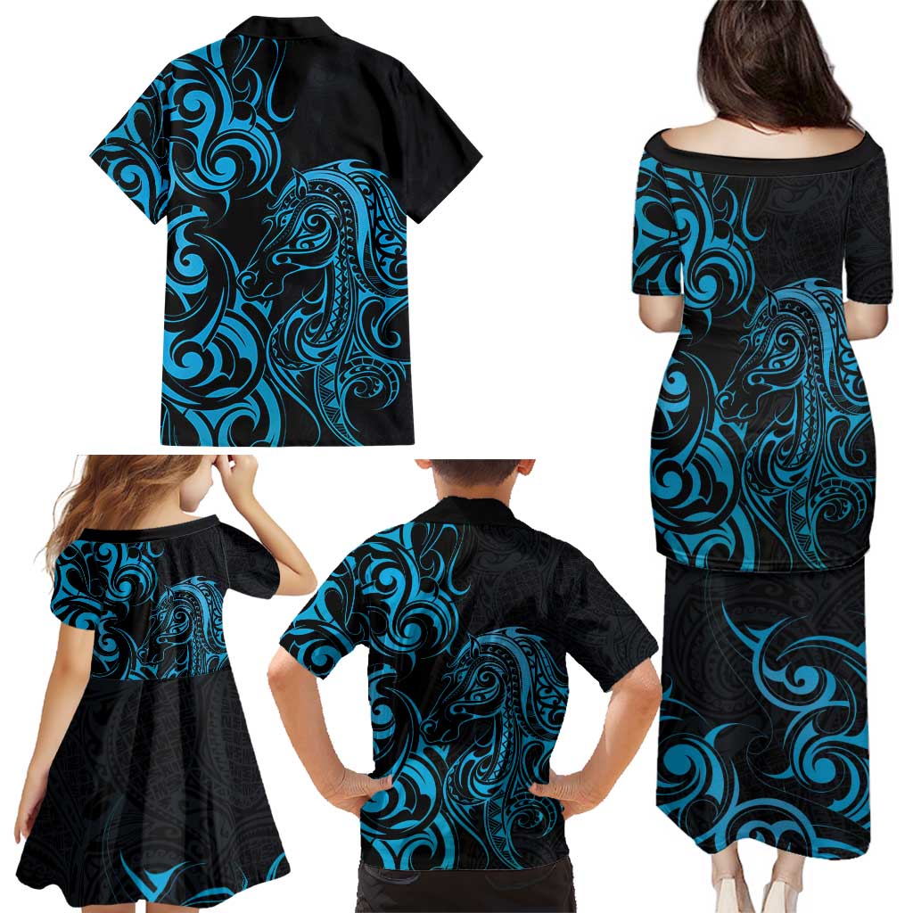 Blue Aotearoa Horse Racing Family Matching Puletasi and Hawaiian Shirt NZ Maori Pattern LT14 - Polynesian Pride