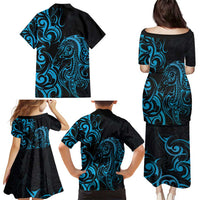 Blue Aotearoa Horse Racing Family Matching Puletasi and Hawaiian Shirt NZ Maori Pattern LT14 - Polynesian Pride