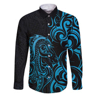 Blue Aotearoa Horse Racing Family Matching Puletasi and Hawaiian Shirt NZ Maori Pattern LT14 Dad's Shirt - Long Sleeve Blue - Polynesian Pride