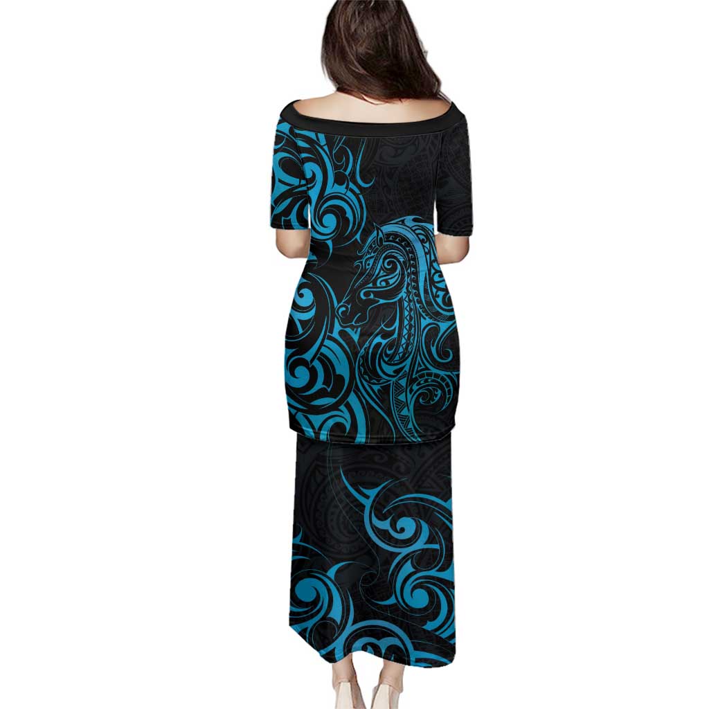 Blue Aotearoa Horse Racing Family Matching Puletasi and Hawaiian Shirt NZ Maori Pattern LT14 - Polynesian Pride