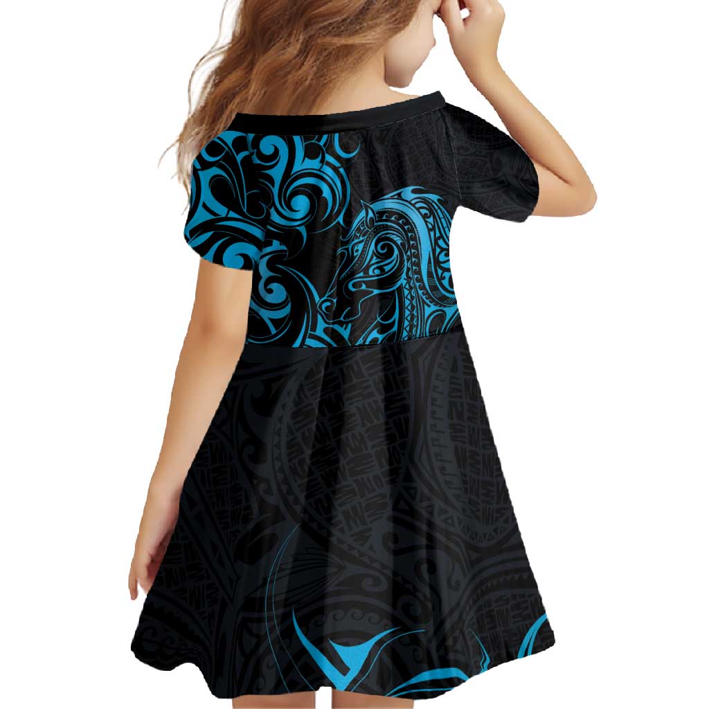 Blue Aotearoa Horse Racing Family Matching Short Sleeve Bodycon Dress and Hawaiian Shirt NZ Maori Pattern LT14 - Polynesian Pride