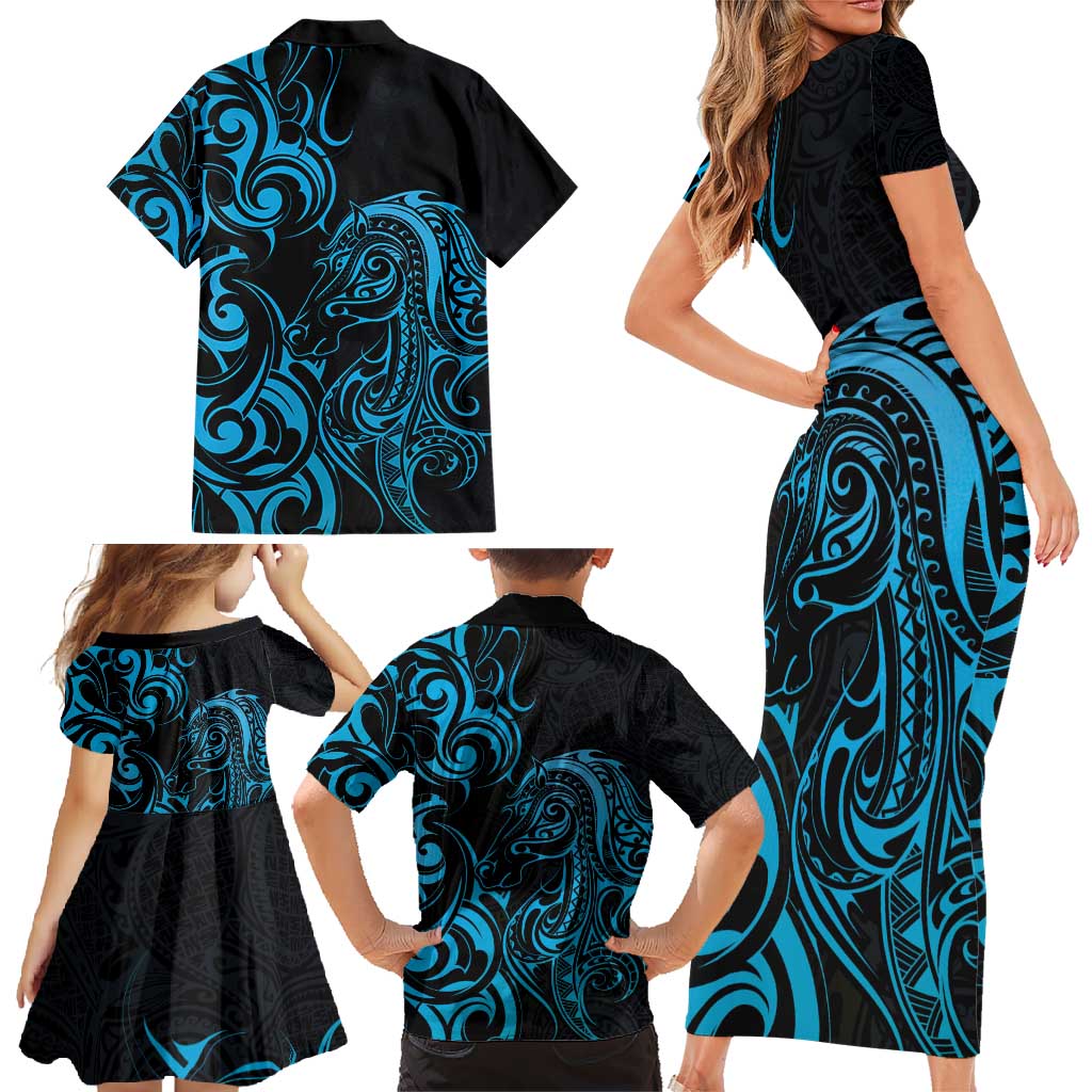 Blue Aotearoa Horse Racing Family Matching Short Sleeve Bodycon Dress and Hawaiian Shirt NZ Maori Pattern LT14 - Polynesian Pride