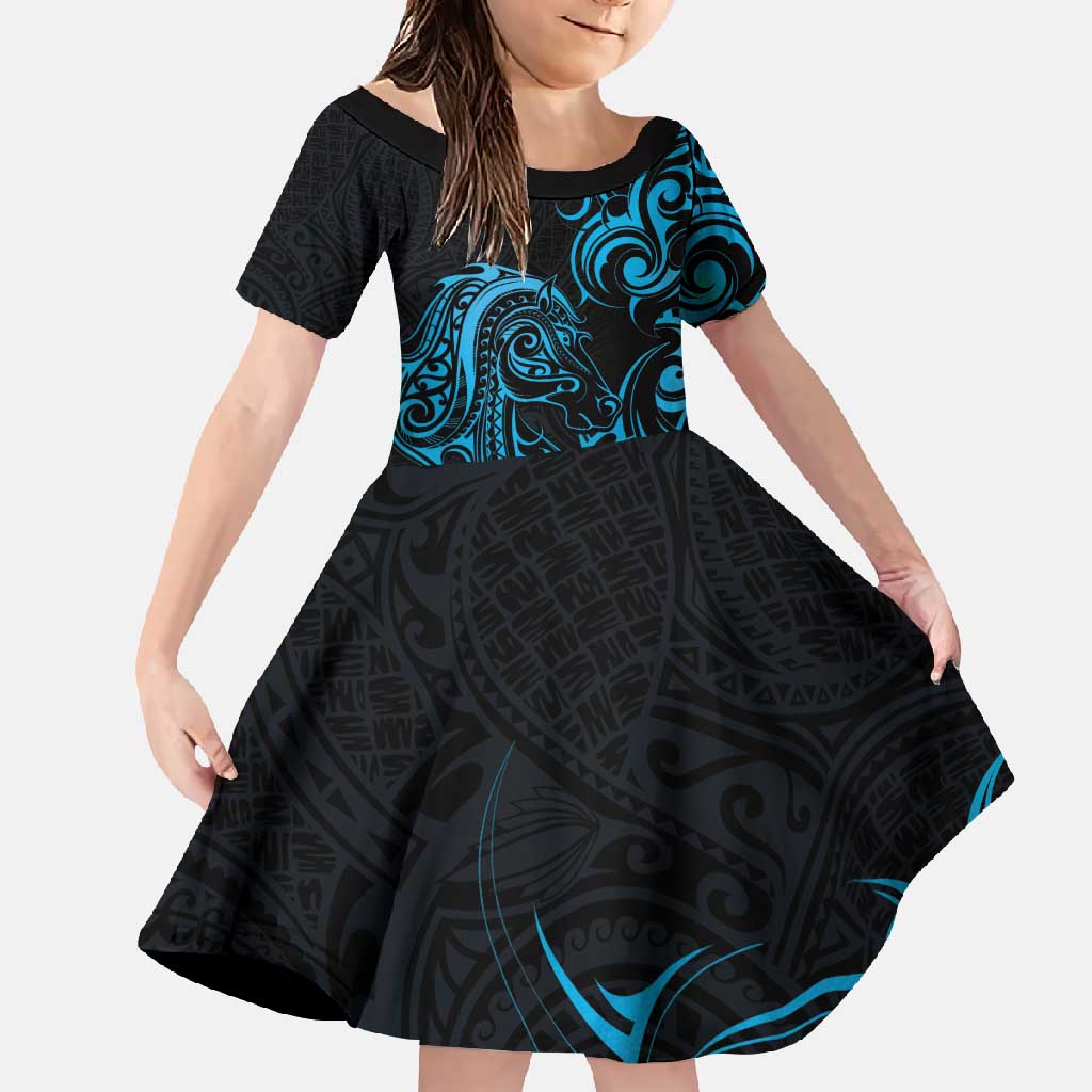 Blue Aotearoa Horse Racing Family Matching Summer Maxi Dress and Hawaiian Shirt NZ Maori Pattern LT14 Daughter's Dress Blue - Polynesian Pride