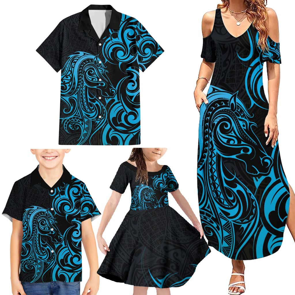 Blue Aotearoa Horse Racing Family Matching Summer Maxi Dress and Hawaiian Shirt NZ Maori Pattern LT14 - Polynesian Pride