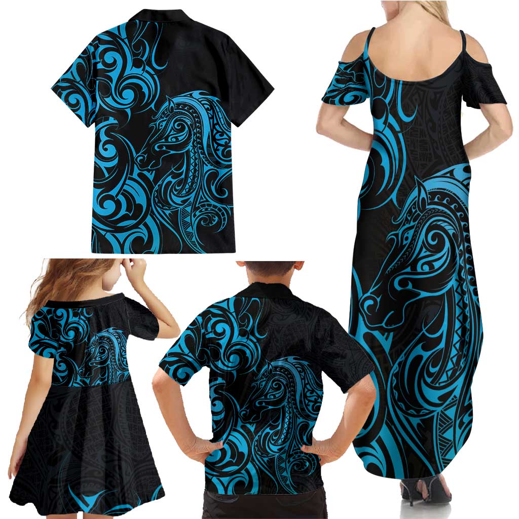 Blue Aotearoa Horse Racing Family Matching Summer Maxi Dress and Hawaiian Shirt NZ Maori Pattern LT14 - Polynesian Pride