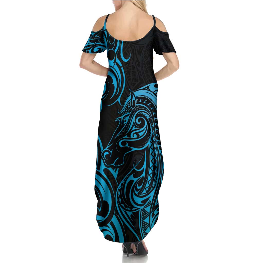 Blue Aotearoa Horse Racing Family Matching Summer Maxi Dress and Hawaiian Shirt NZ Maori Pattern LT14 - Polynesian Pride