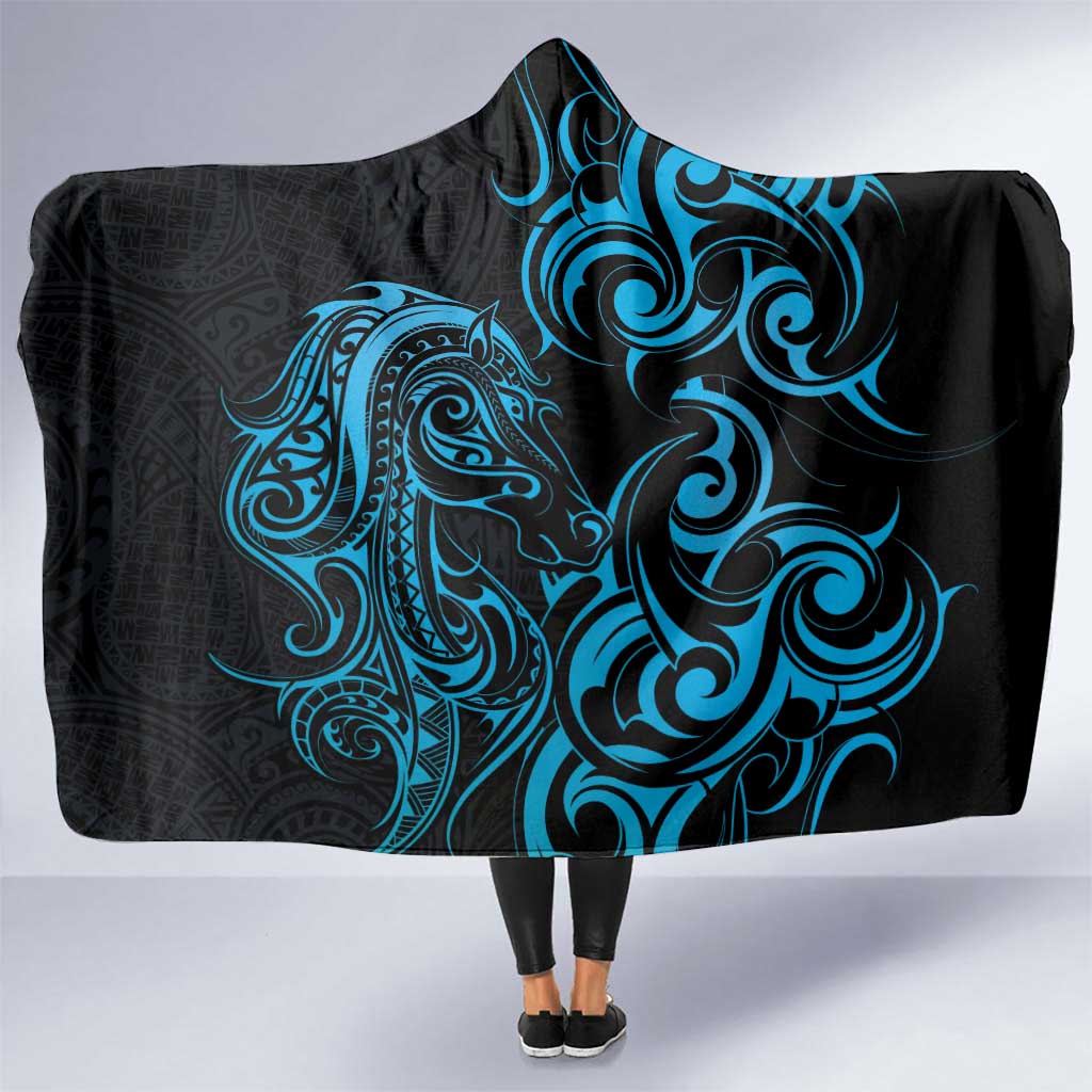 Blue Aoteara Horse Racing Hooded Blanket NZ Maori Pattern