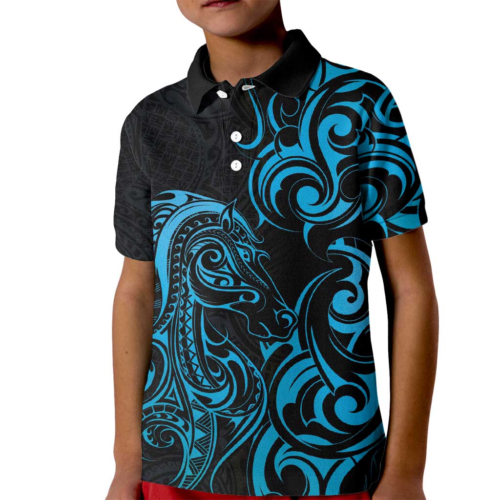 Blue Aotearoa Horse Racing Kid Polo Shirt NZ Maori Pattern LT14 Kid Blue - Polynesian Pride