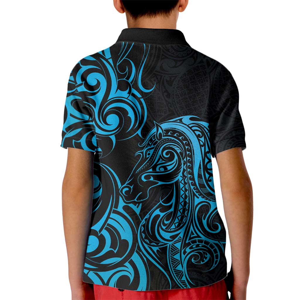 Blue Aotearoa Horse Racing Kid Polo Shirt NZ Maori Pattern LT14 - Polynesian Pride