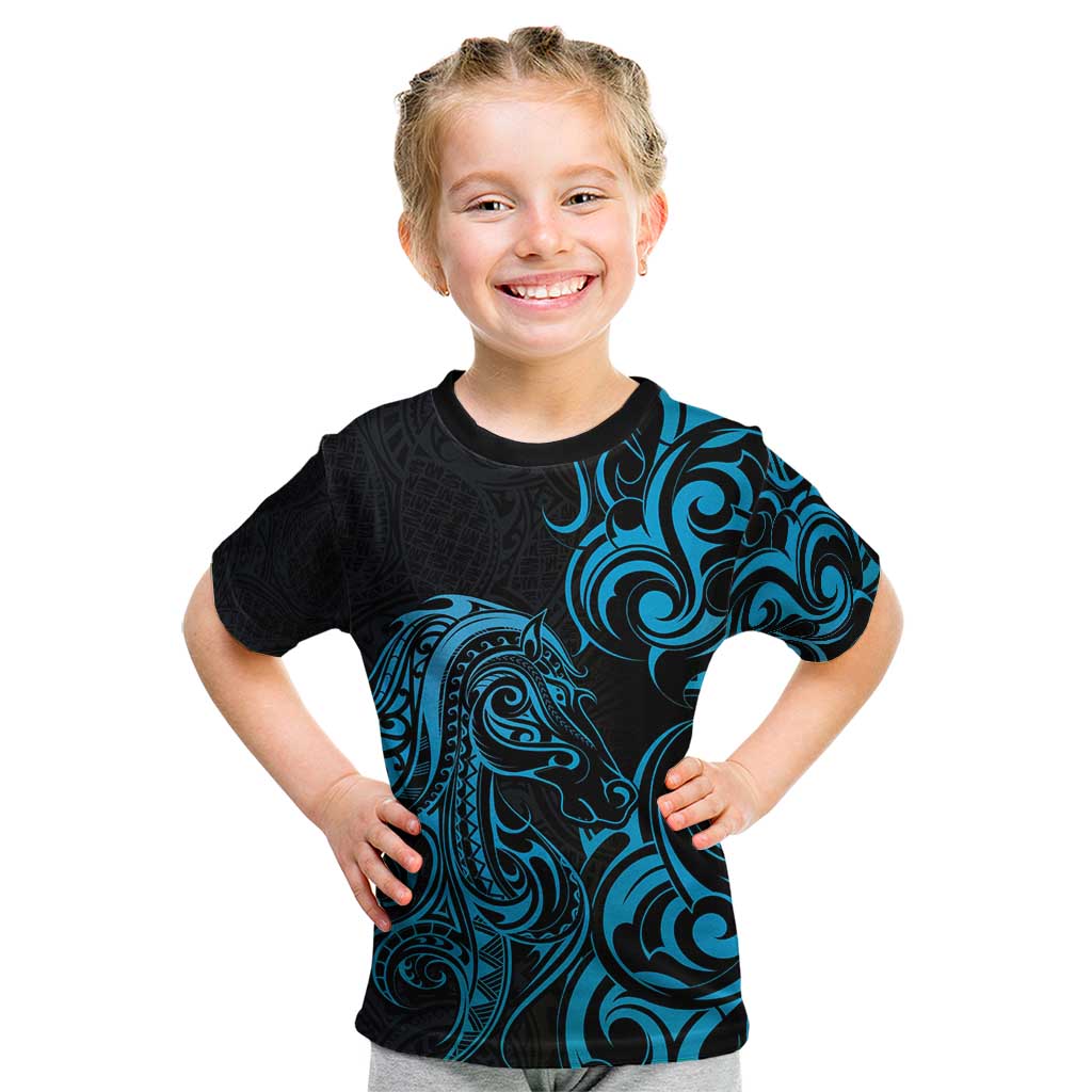 Blue Aotearoa Horse Racing Kid T Shirt NZ Maori Pattern LT14 Blue - Polynesian Pride