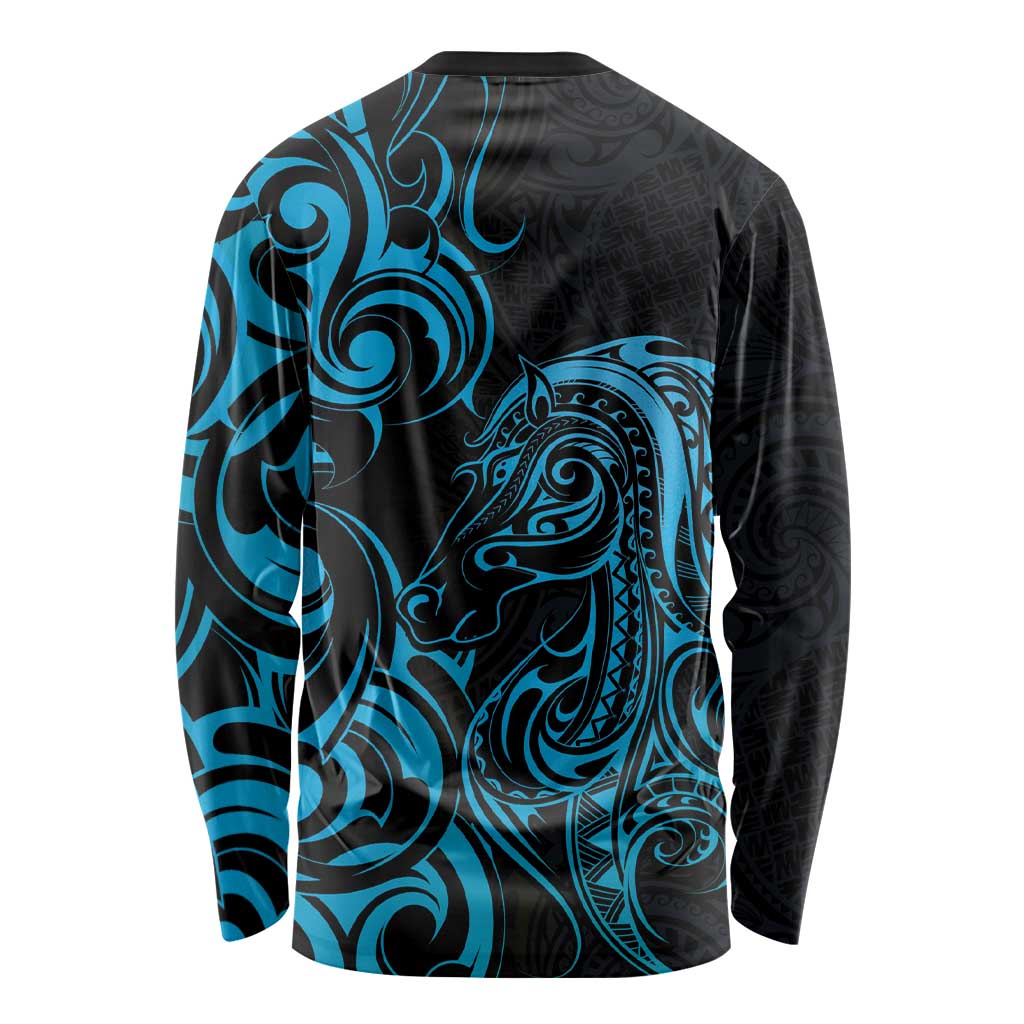 Blue Aoteara Horse Racing Long Sleeve Shirt NZ Maori Pattern
