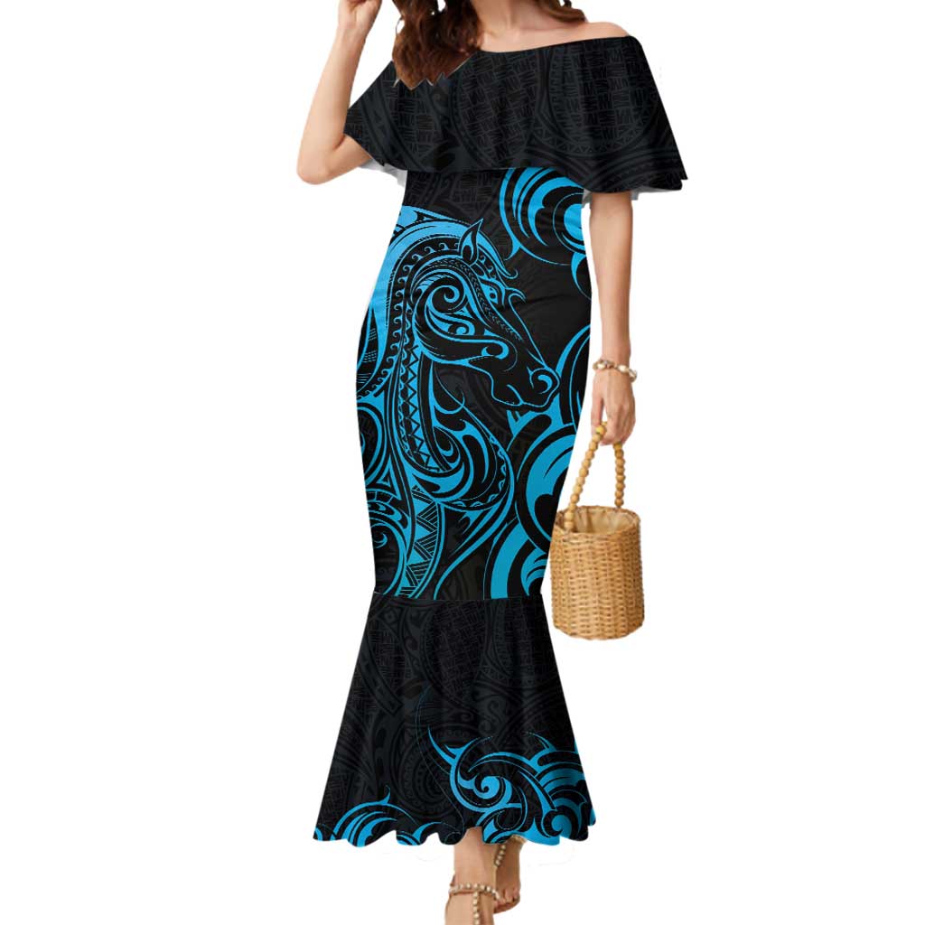 Blue Aotearoa Horse Racing Mermaid Dress NZ Maori Pattern LT14 Women Blue - Polynesian Pride
