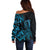 Blue Aoteara Horse Racing Off Shoulder Sweater NZ Maori Pattern