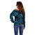 Blue Aoteara Horse Racing Off Shoulder Sweater NZ Maori Pattern