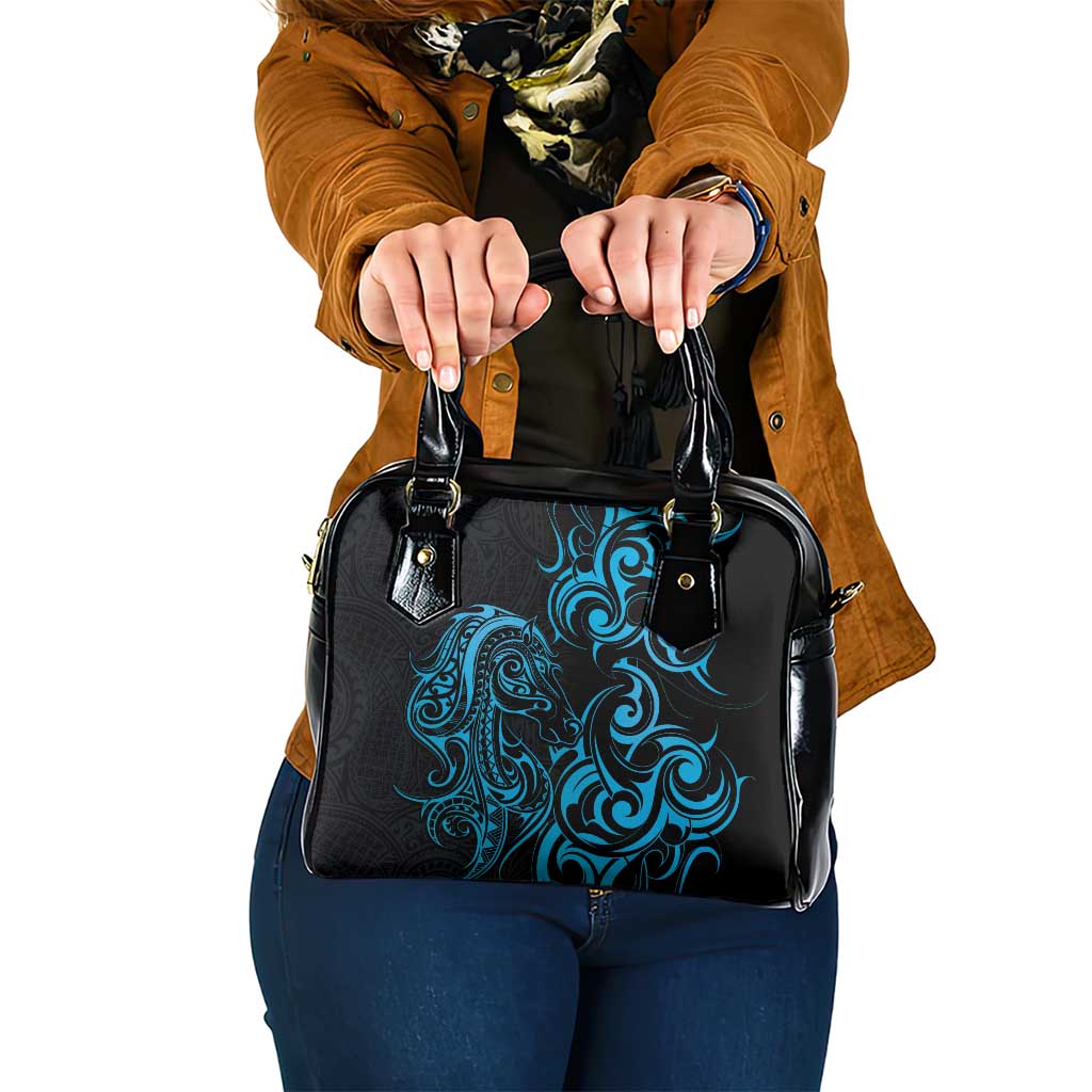 Blue Aoteara Horse Racing Shoulder Handbag NZ Maori Pattern