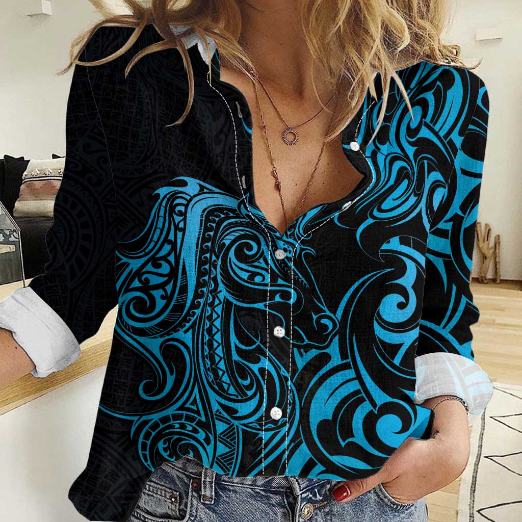 Blue Aotearoa Horse Racing Women Casual Shirt NZ Maori Pattern LT14 Female Blue - Polynesian Pride
