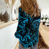 Blue Aoteara Horse Racing Women Casual Shirt NZ Maori Pattern