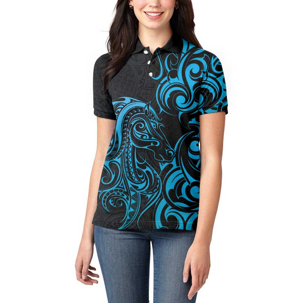 Blue Aoteara Horse Racing Women Polo Shirt NZ Maori Pattern