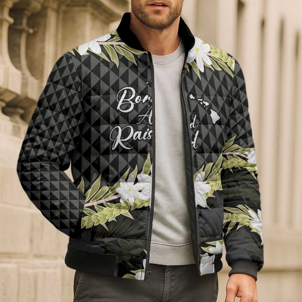 Born And Raised Aloha Hawaii Bomber Puffer Jacket Kanaka Kakau Hawaiian Tiare Pakalana Lei - Polynesian Pride