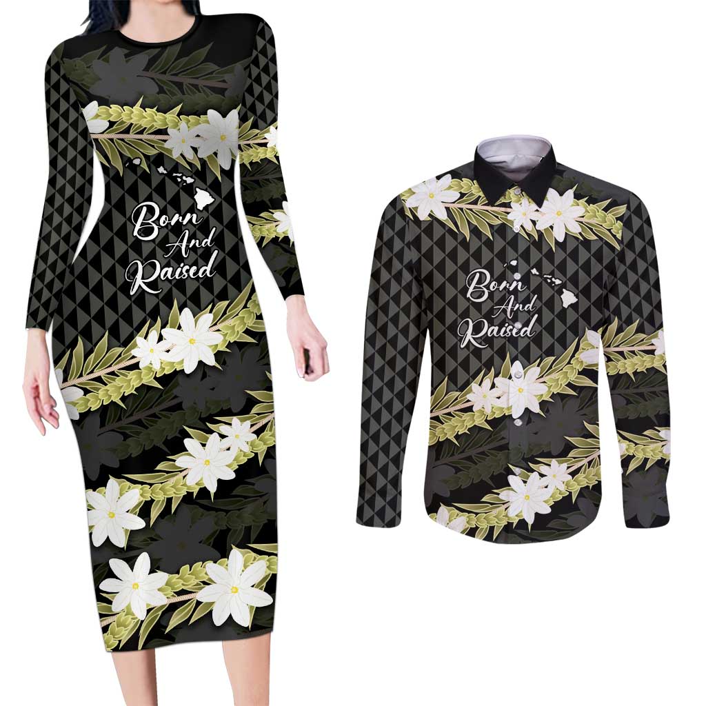 Born And Raised Aloha Hawaii Couples Matching Long Sleeve Bodycon Dress and Long Sleeve Button Shirt Kanaka Kakau Hawaiian Tiare Pakalana Lei - Polynesian Pride