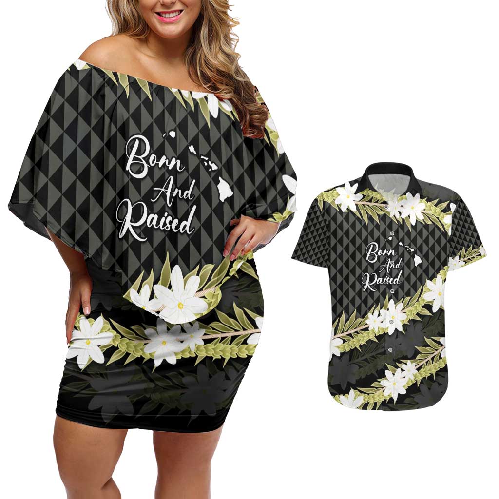 Born And Raised Aloha Hawaii Couples Matching Off Shoulder Short Dress and Hawaiian Shirt Kanaka Kakau Hawaiian Tiare Pakalana Lei - Polynesian Pride