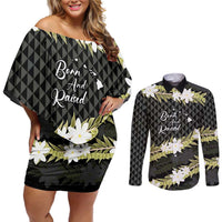 Born And Raised Aloha Hawaii Couples Matching Off Shoulder Short Dress and Long Sleeve Button Shirt Kanaka Kakau Hawaiian Tiare Pakalana Lei - Polynesian Pride