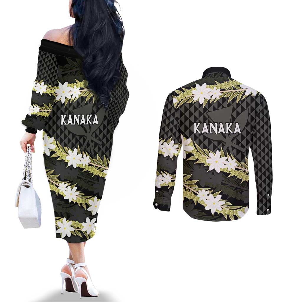 Born And Raised Aloha Hawaii Couples Matching Off The Shoulder Long Sleeve Dress and Long Sleeve Button Shirt Kanaka Kakau Hawaiian Tiare Pakalana Lei - Polynesian Pride