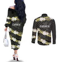 Born And Raised Aloha Hawaii Couples Matching Off The Shoulder Long Sleeve Dress and Long Sleeve Button Shirt Kanaka Kakau Hawaiian Tiare Pakalana Lei - Polynesian Pride