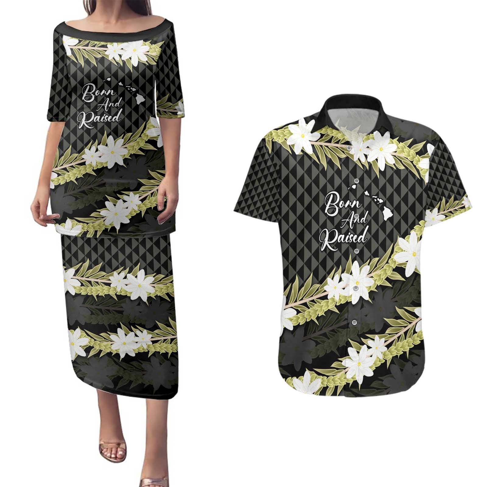 Born And Raised Aloha Hawaii Couples Matching Puletasi and Hawaiian Shirt Kanaka Kakau Hawaiian Tiare Pakalana Lei - Polynesian Pride