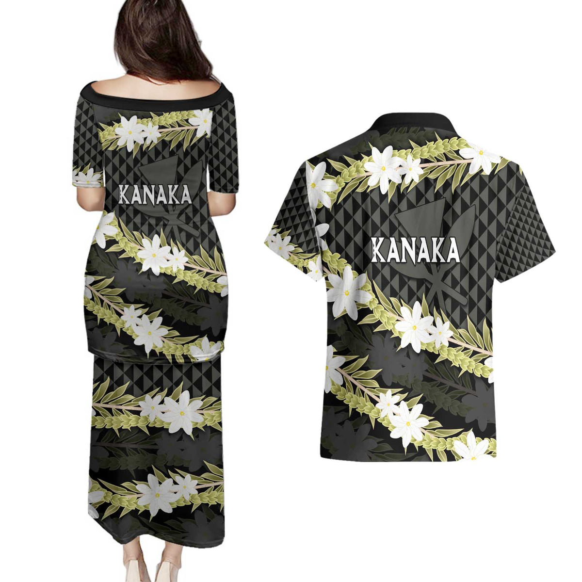 Born And Raised Aloha Hawaii Couples Matching Puletasi and Hawaiian Shirt Kanaka Kakau Hawaiian Tiare Pakalana Lei - Polynesian Pride