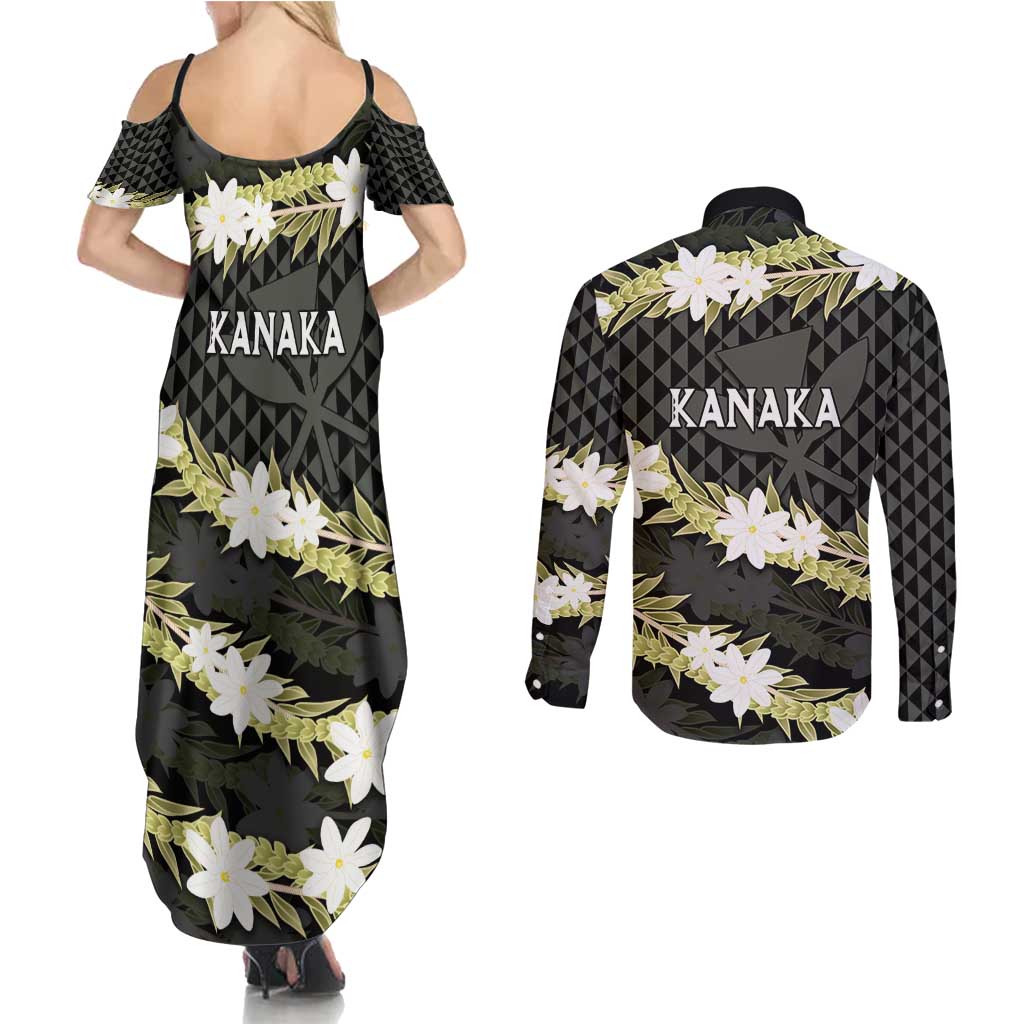 Born And Raised Aloha Hawaii Couples Matching Summer Maxi Dress and Long Sleeve Button Shirt Kanaka Kakau Hawaiian Tiare Pakalana Lei - Polynesian Pride