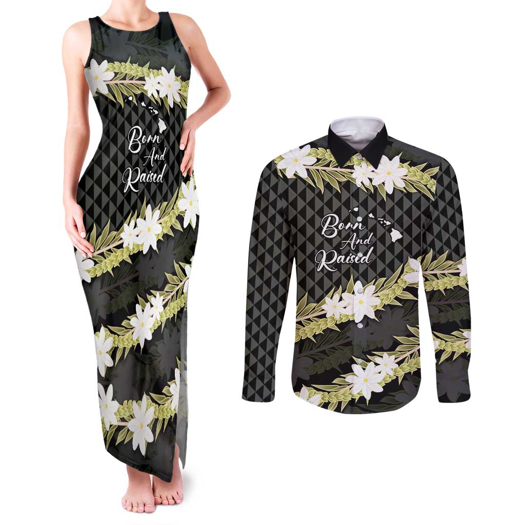 Born And Raised Aloha Hawaii Couples Matching Tank Maxi Dress and Long Sleeve Button Shirt Kanaka Kakau Hawaiian Tiare Pakalana Lei - Polynesian Pride