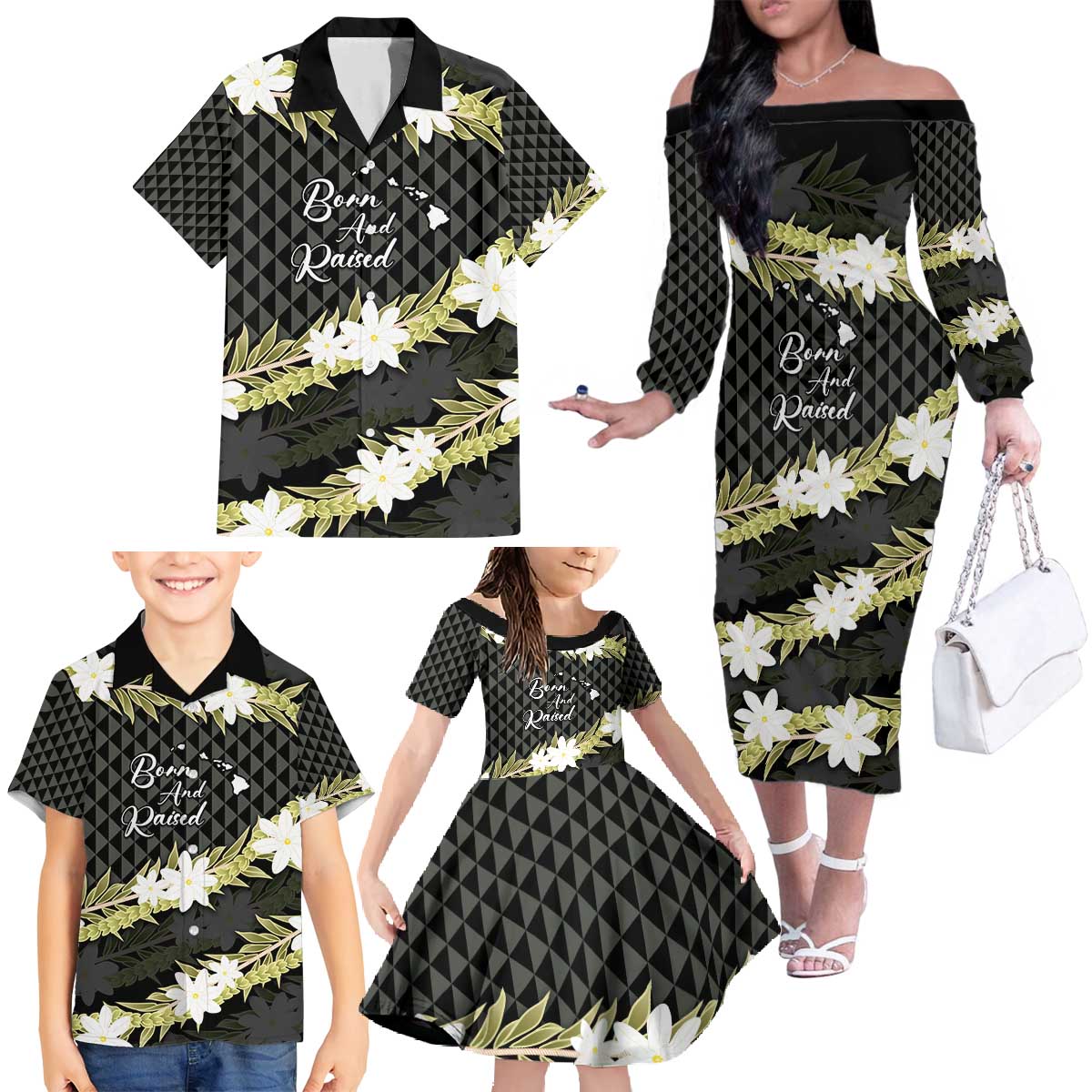 Born And Raised Aloha Hawaii Family Matching Off The Shoulder Long Sleeve Dress and Hawaiian Shirt Kanaka Kakau Hawaiian Tiare Pakalana Lei - Polynesian Pride