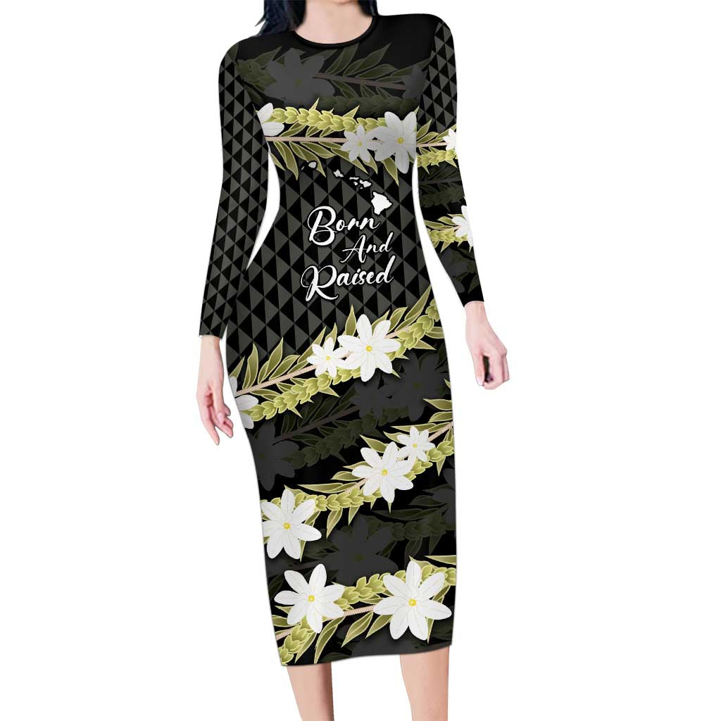 Born And Raised Aloha Hawaii Long Sleeve Bodycon Dress Kanaka Kakau Hawaiian Tiare Pakalana Lei - Polynesian Pride