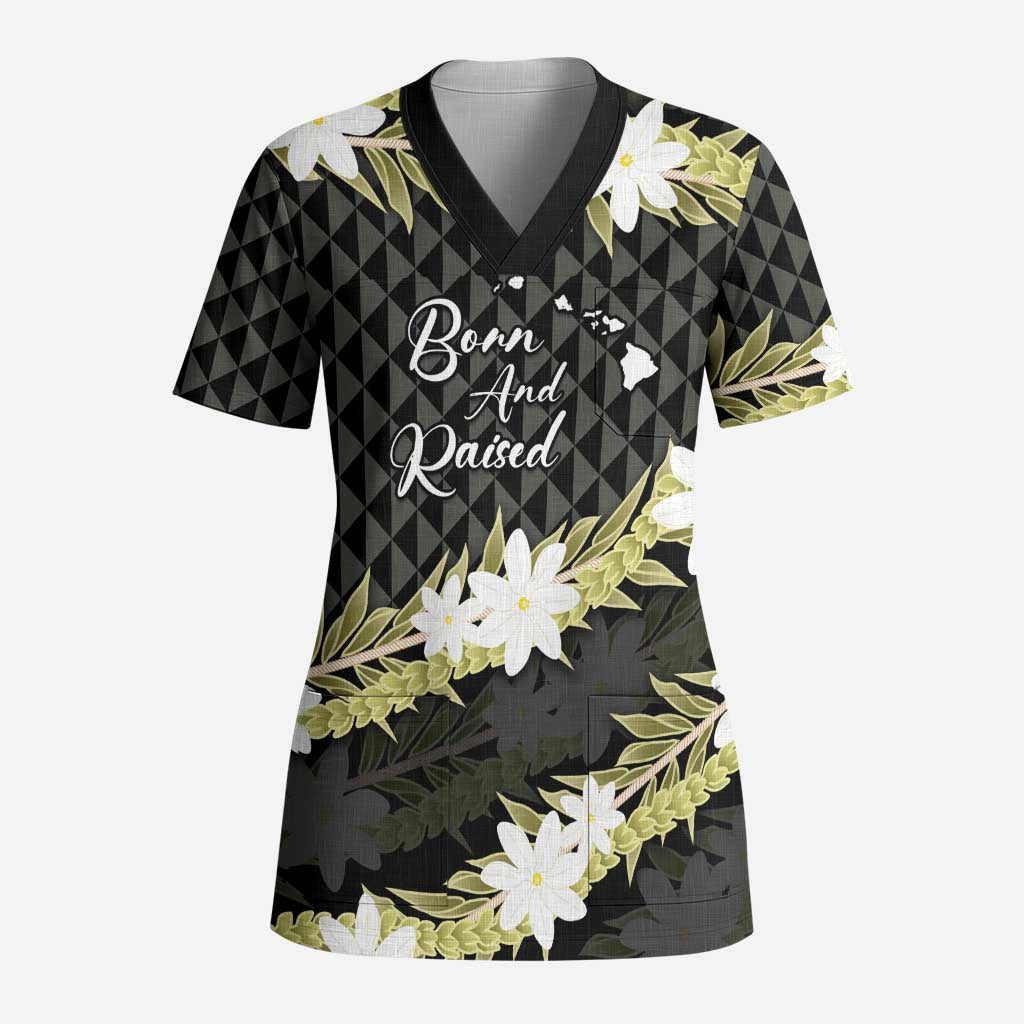 Born And Raised Aloha Hawaii Scrub Top Kanaka Kakau Hawaiian Tiare Pakalana Lei - Polynesian Pride