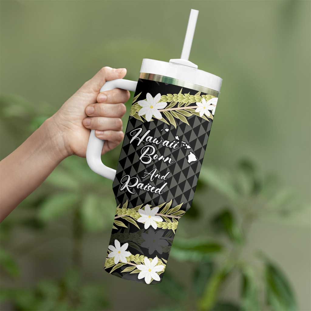 Born And Raised Aloha Hawaii Tumbler With Handle Kanaka Kakau Hawaiian Tiare Pakalana Lei - Polynesian Pride