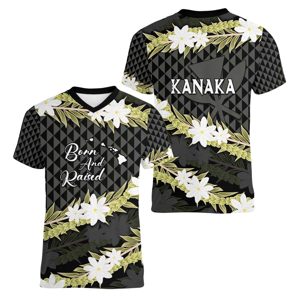 Born And Raised Aloha Hawaii Women V-Neck T-Shirt Kanaka Kakau Hawaiian Tiare Pakalana Lei - Polynesian Pride