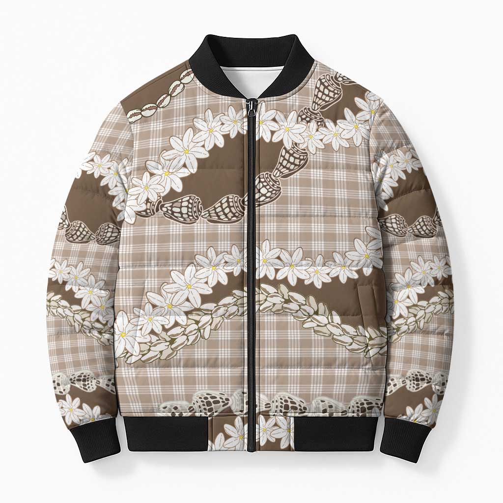 Brown Hawaii Tiare and Shell Lei Bomber Puffer Jacket Hawaiian Palaka Luxury Vibes LT14 Unisex Brown - Polynesian Pride