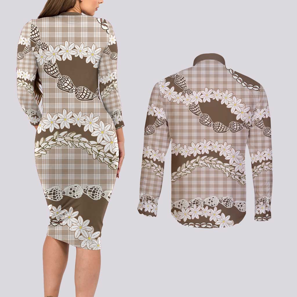 Brown Hawaii Tiare and Shell Lei Couples Matching Long Sleeve Bodycon Dress and Long Sleeve Button Shirt Hawaiian Palaka Luxury Vibes - Polynesian Pride