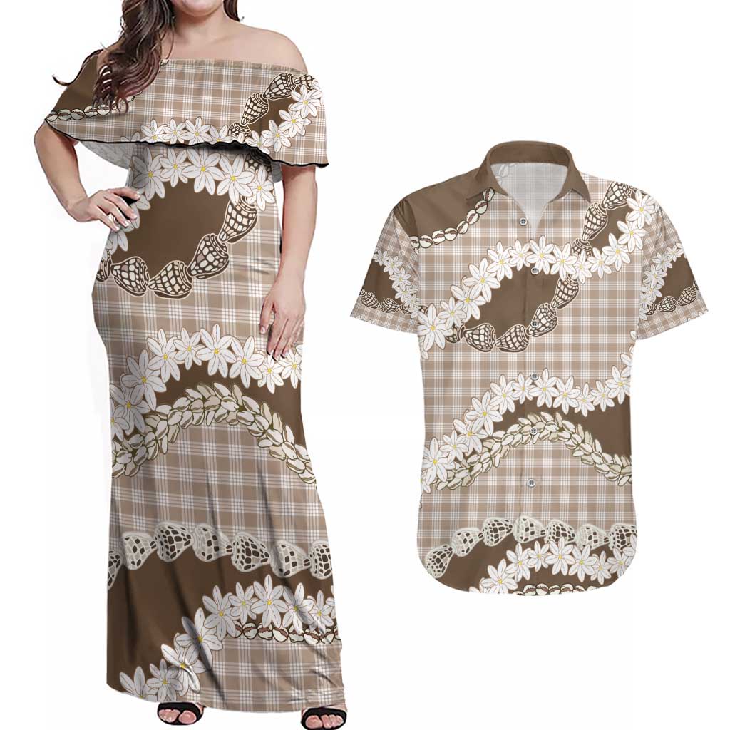 Brown Hawaii Tiare and Shell Lei Couples Matching Off Shoulder Maxi Dress and Hawaiian Shirt Hawaiian Palaka Luxury Vibes - Polynesian Pride